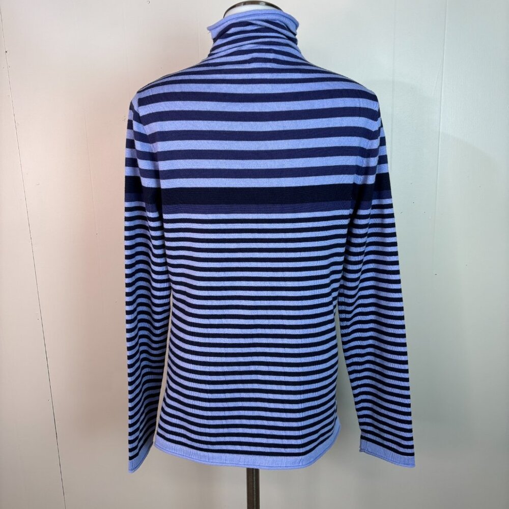 Duluth Trading S'No Sweat Sweater Small Purple Navy Blue Striped Mock Turtleneck - Picture 5 of 8
